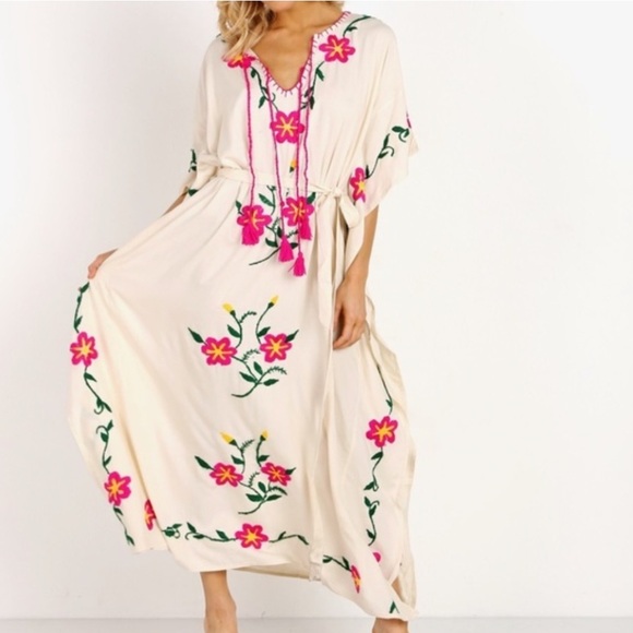 Spell - SAYULITA EMBROIDERED KAFTAN IN CREAM - NWT - M/L - Picture 2 of 14
